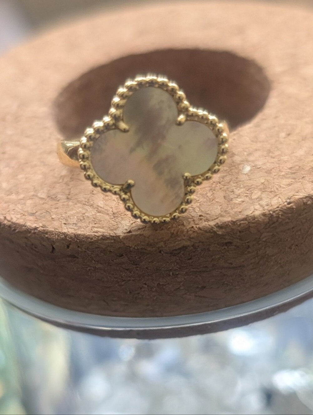 Goldtone Clover Shell Statement Ring - Mother of Pearl Accent Adjustable Size